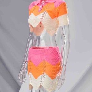 Pink and Orange Colorblock knitted skirt set